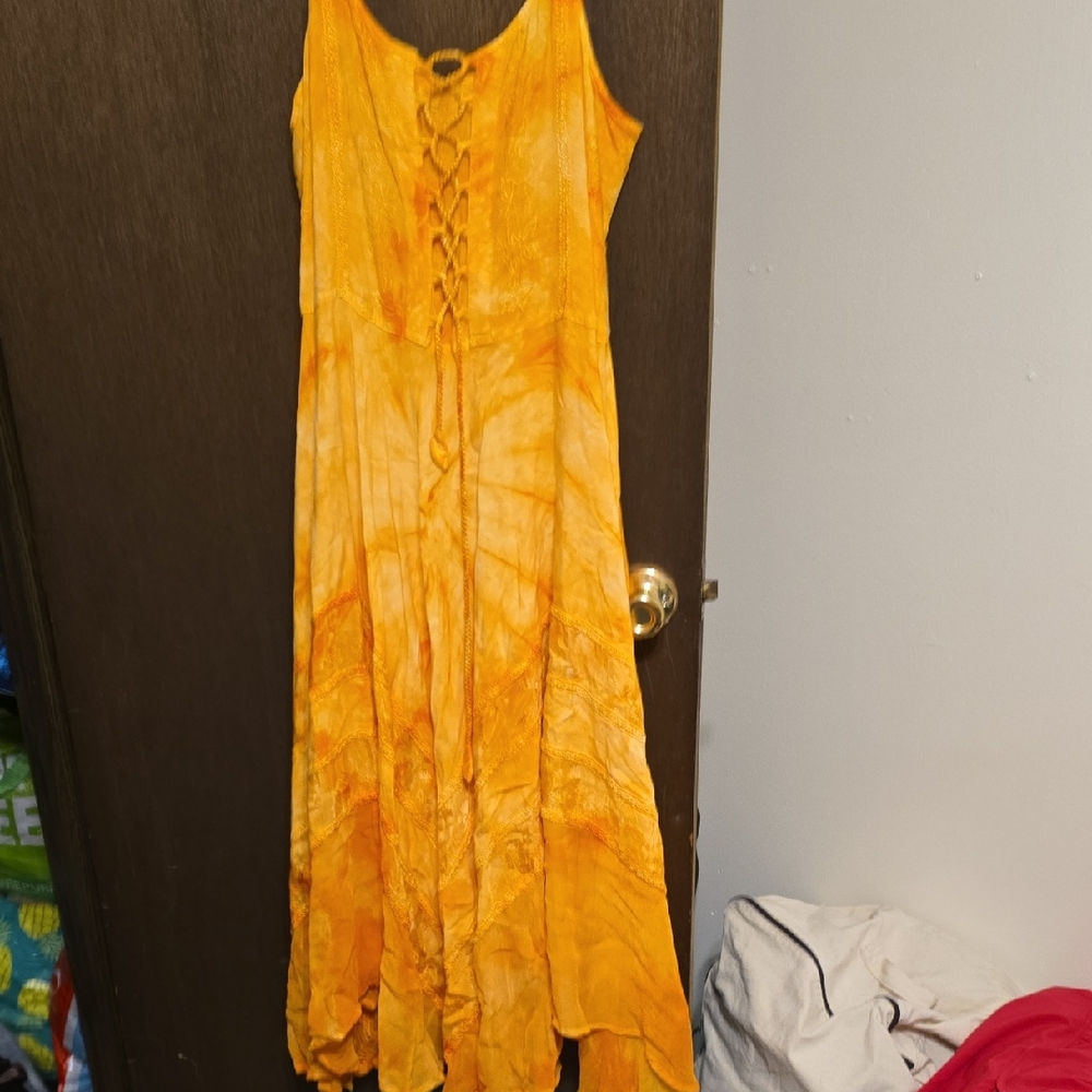 Lace-Up Sunburst Tie-Dye Maxi Dress - Yellow/Orange